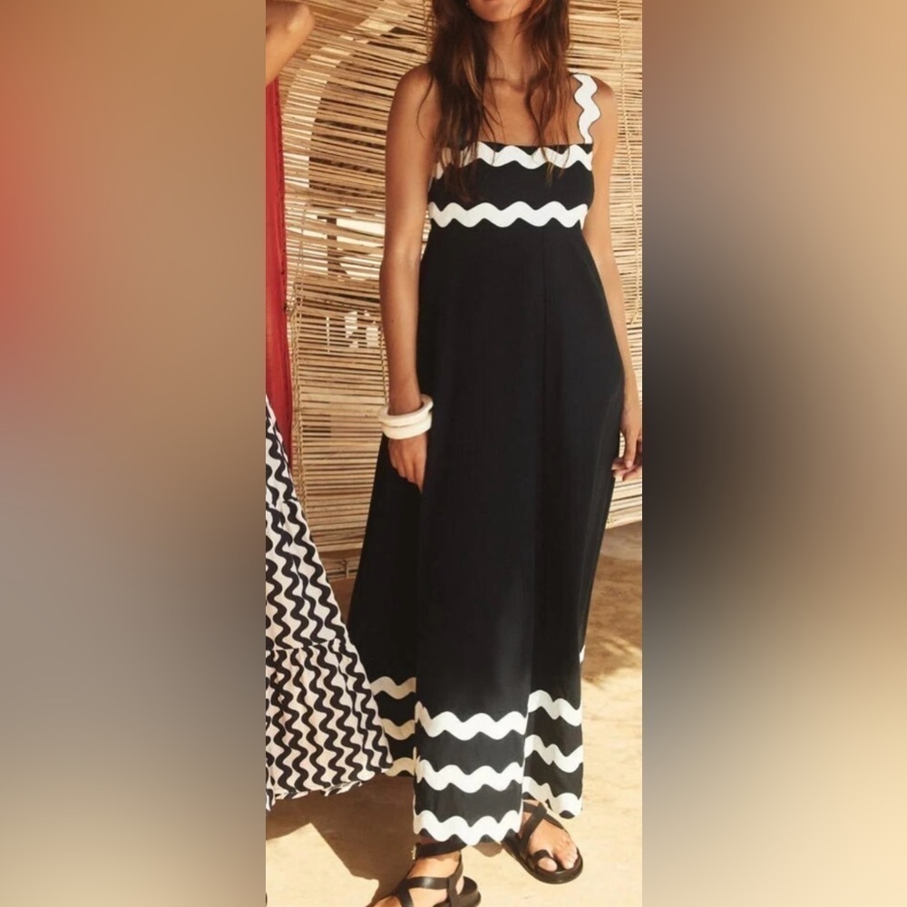 Classy Bohemian Black White Wavy Edge Sleeveless Long Maxi Dress - Picture 9 of 13